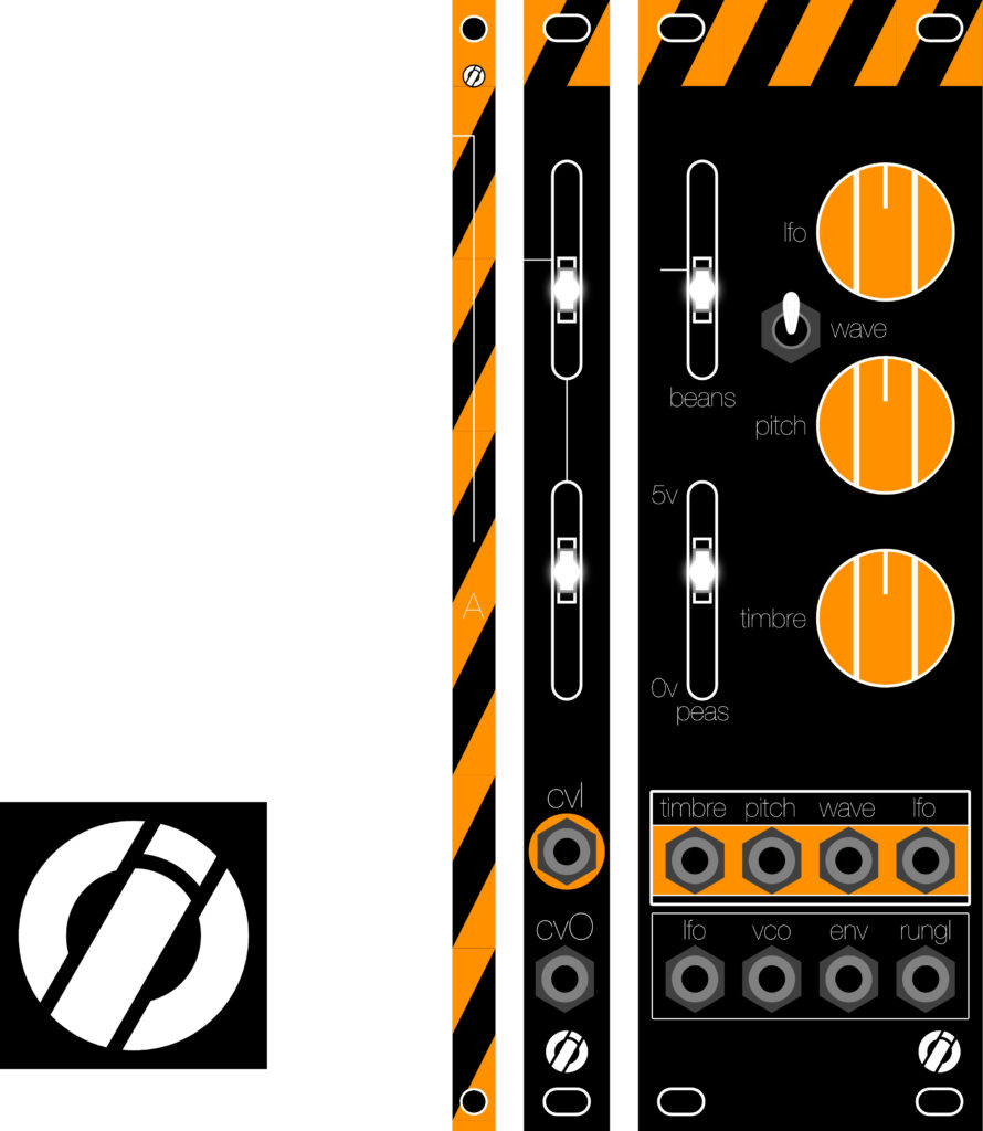 The Oblique Industry logo next two three black and yellow striped modular synthesizer panels reminiscent of heavy machinery.